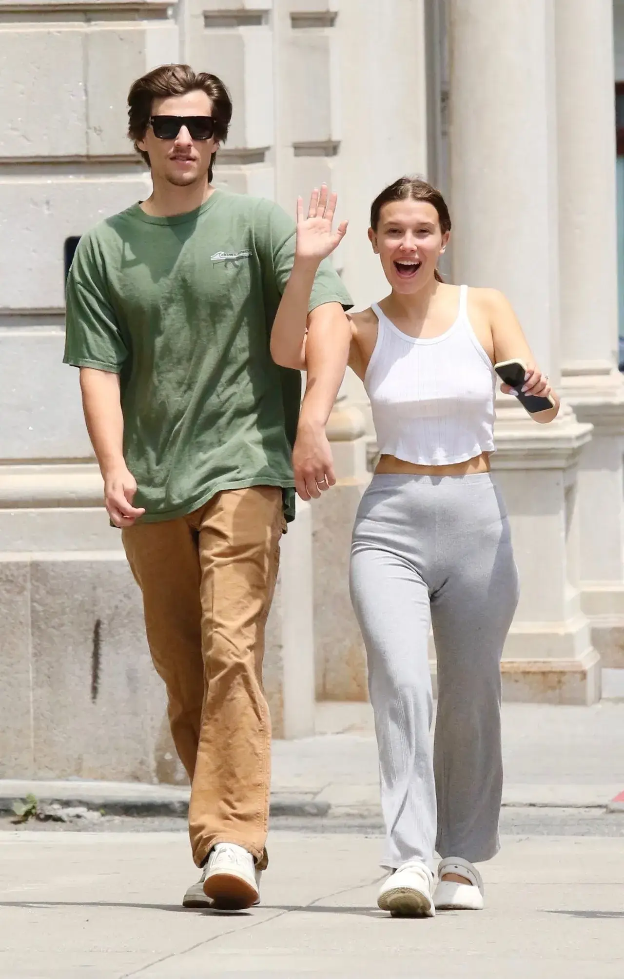 Millie Bobby Brown Stills in White Top Blue jeans in New York